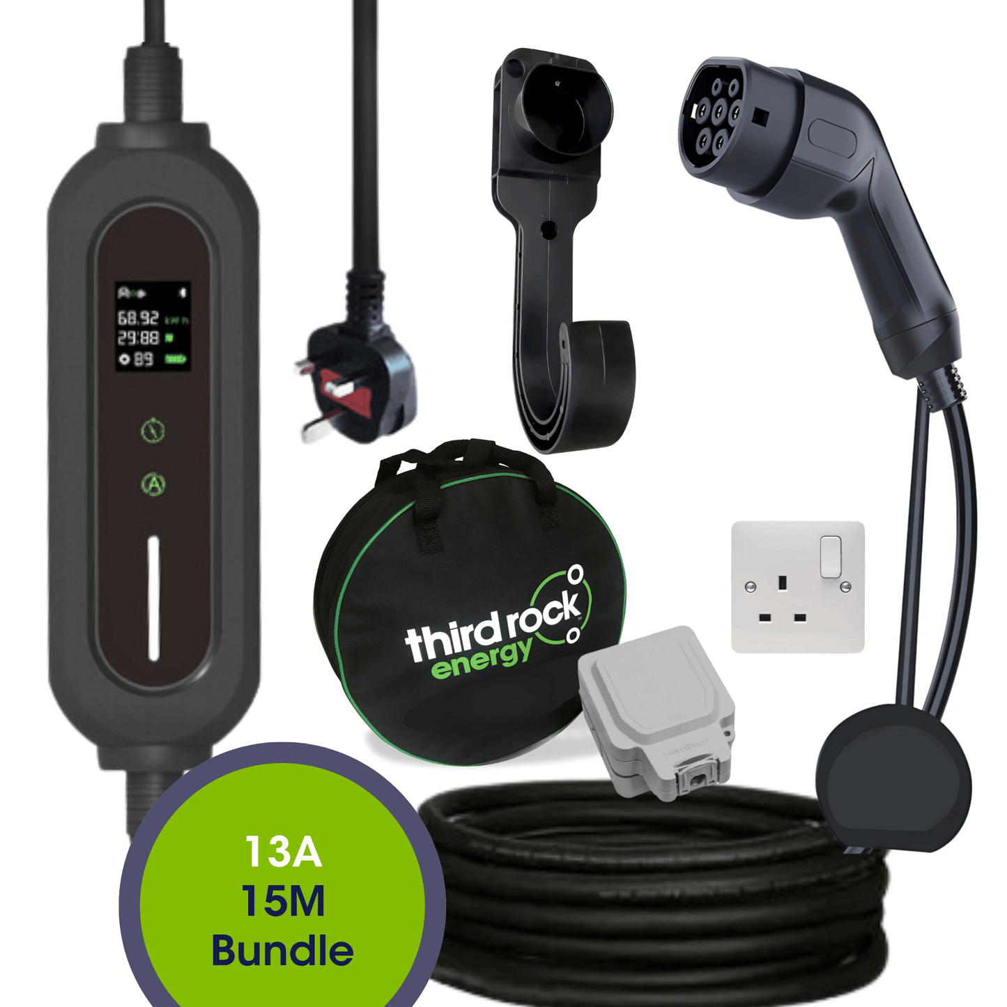 Type 2 - 15 Metre- 13A Portable EV Charger bundle with 13A Outdoor Socket IP66, Wall Bracket & Carry Bag