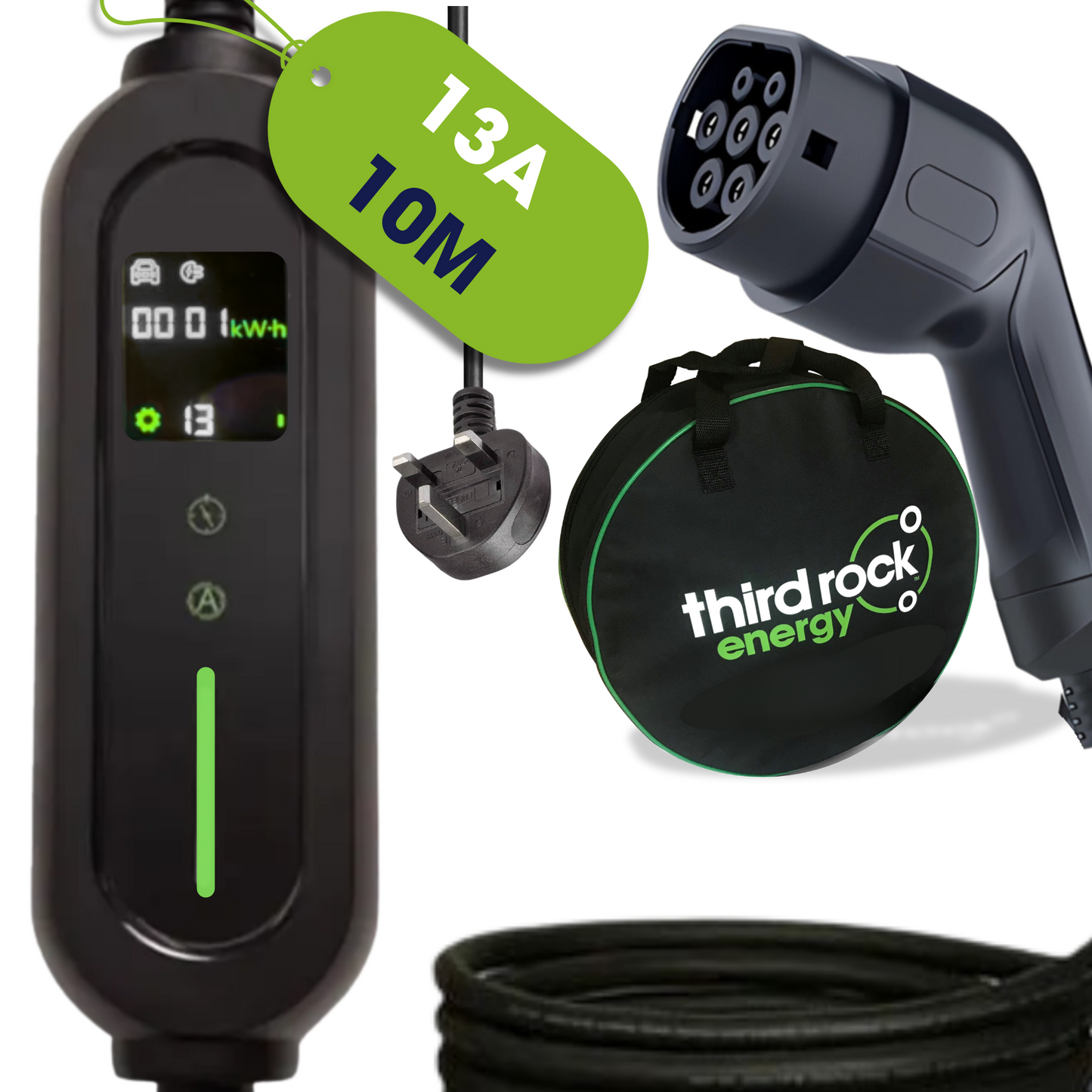 Type 2 Portable EV Charger 6A - 13A Variable, 3kW, UK 3 Pin Plug, 10 Metre