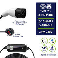 CLEARANCE PLEASE READ - Type 2 to UK 3 Pin Plug | EV Portable Charger with 8 hour Time Delay | 6A to 13A Variable | 3kW | 7.5 Metre - Third Rock Energy