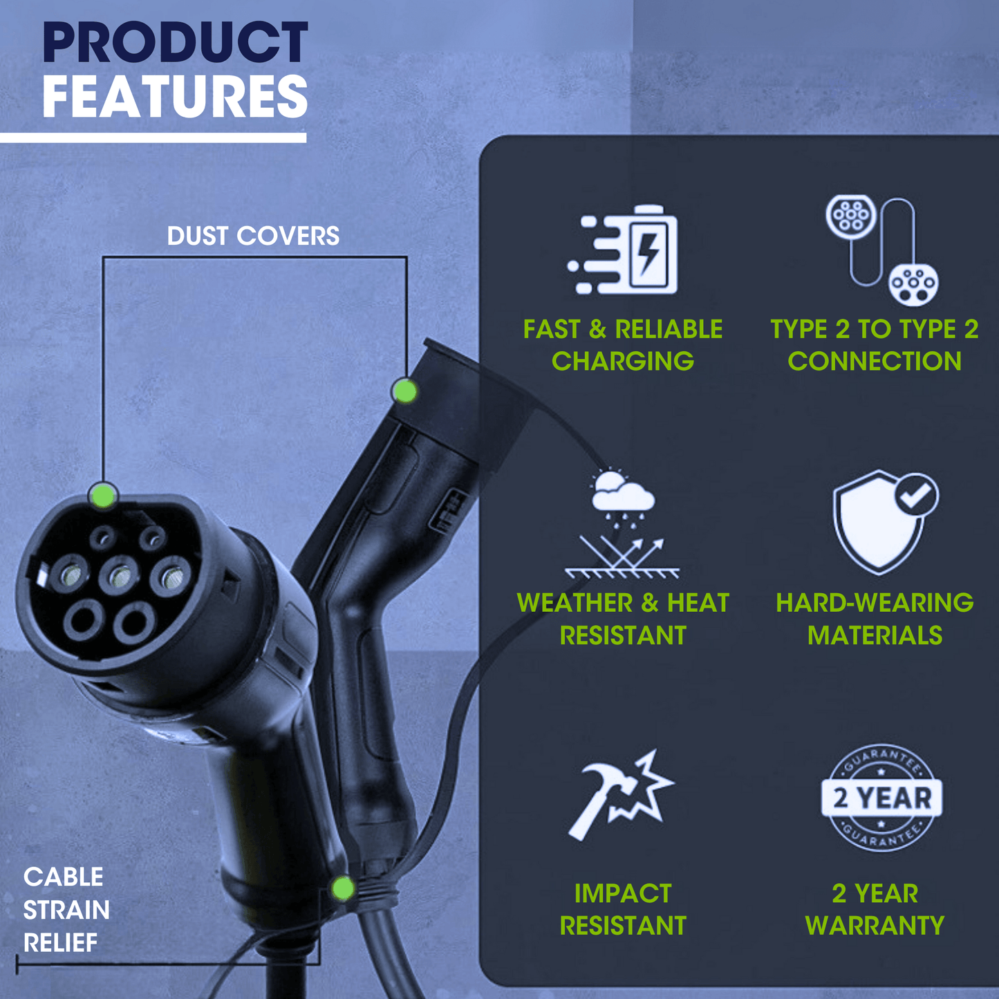 Type 2 to Type 2 EV Charging Cable | Single Phase | 32A | 7.4kW | 5 Metre | Black