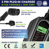 Type 2 EV Portable Charger 6A - 13A Variable, 3kW, 10 Metre, UK 3 Pin Plug - Third Rock Energy
