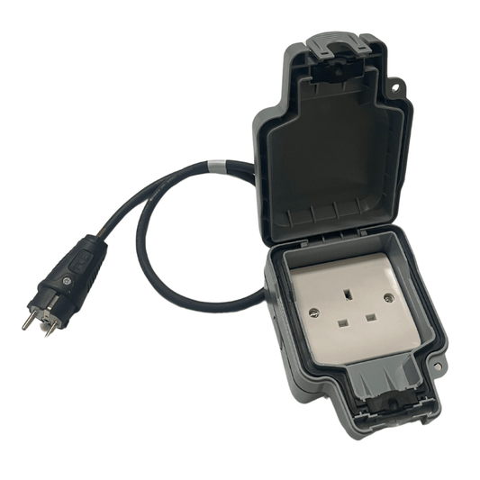 EU 2 pin Schuko Plug to 13A UK plug socket travel adaptor with IP66 weatherproof enclosure - Third Rock Energy