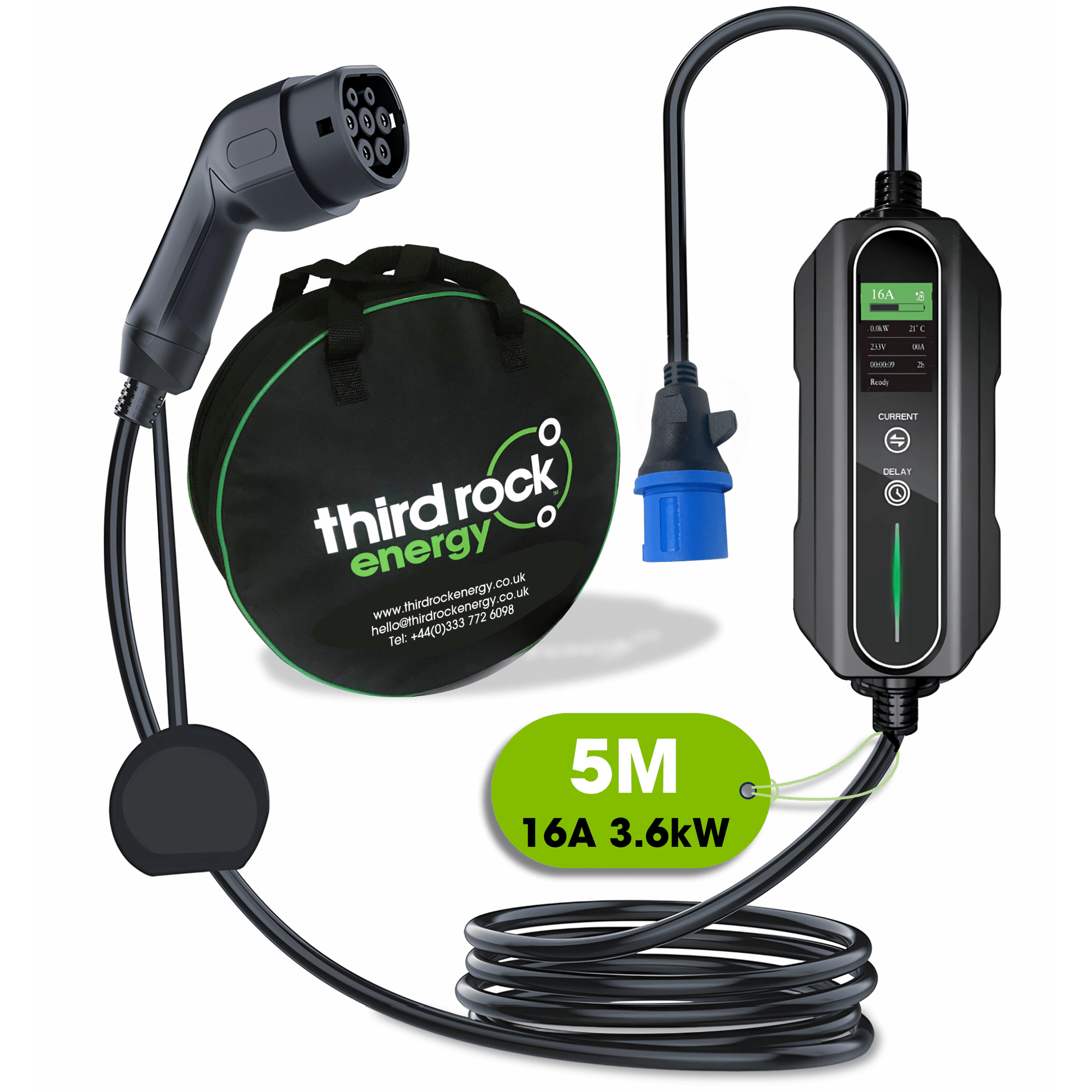Type 2 to 16A Commando Plug, Portable EV Charger, 6A - 16A Variable, 3.6kW, 10 Metre - Third Rock Energy