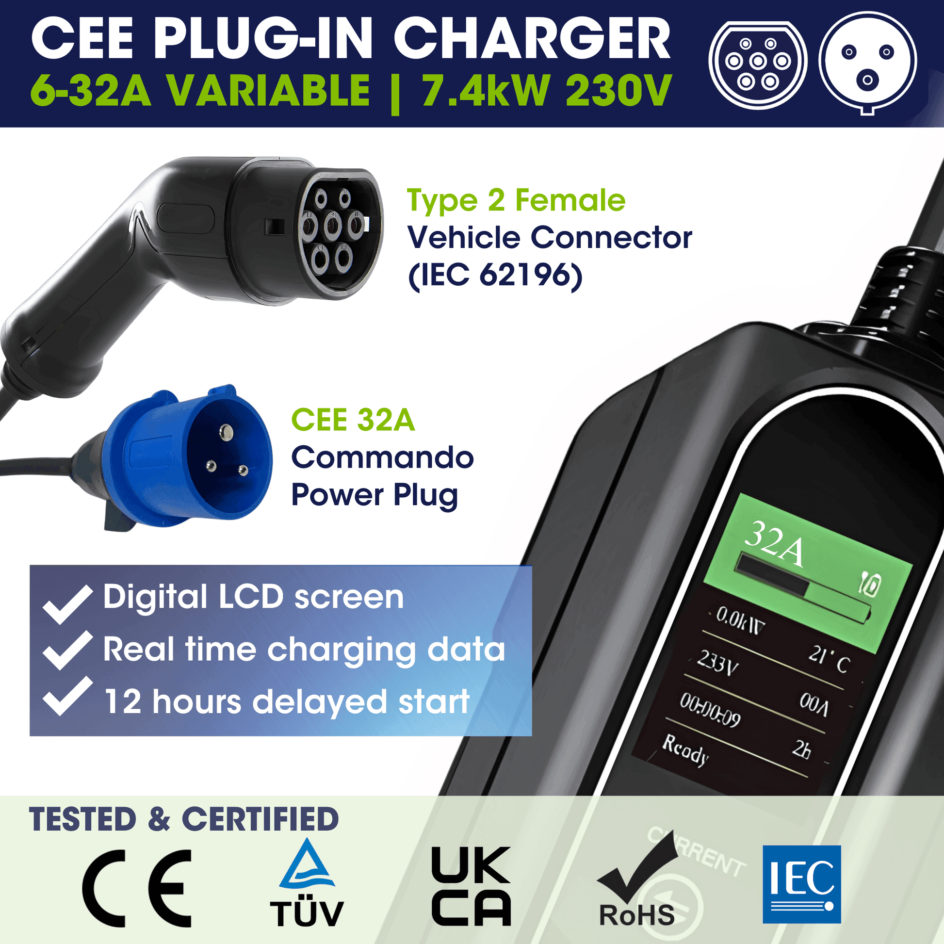 Type 2 to 32A Commando Plug, Portable EV Charger, 6A - 32A Variable, 7.4kW, 10 Metre - Third Rock Energy