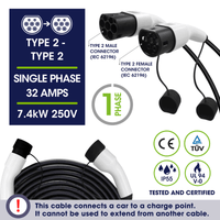 Type 2 to Type 2 EV Charging Cable | Single Phase | 32A | 7.4kW | 10 Metre - Third Rock Energy