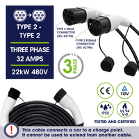 Type 2 to Type 2 EV Charging Cable | Three Phase | 32A | 22kW | 5 Metre - Third Rock Energy