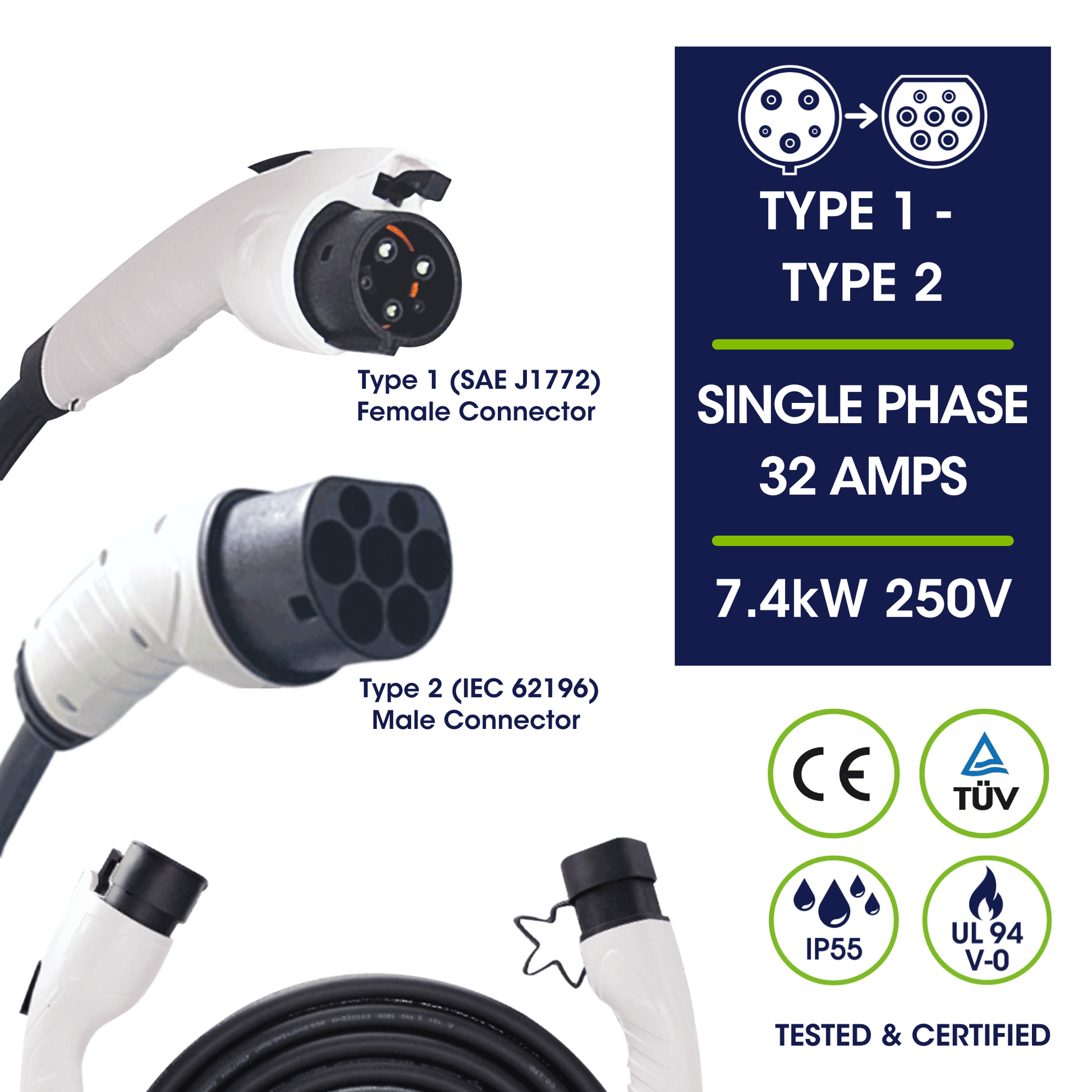 Type 1 to Type 2 EV Charging Cable | Single Phase | 32A | 7.4kW | 5 Metre - Third Rock Energy