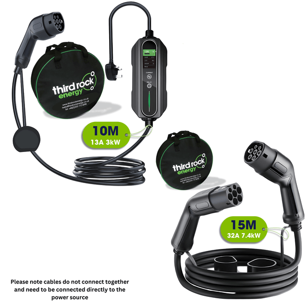 Extra Long EV starter pack - 1 x 10M, Type 2 13A charger & 1 x 15M Type 2 to Type 2 charging cable