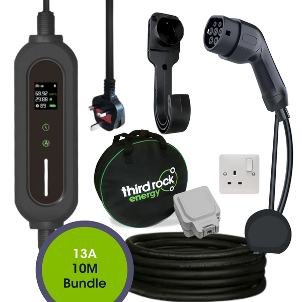 Type 2 - 10 Metre- 13A Portable EV Charger bundle with 13A Outdoor Socket IP66, Wall Bracket & Carry Bag