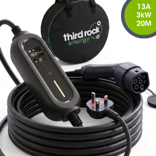 Third Rock Energy EV charger with a 20 metre cable, UK three-pin plug, and a free carrying case 