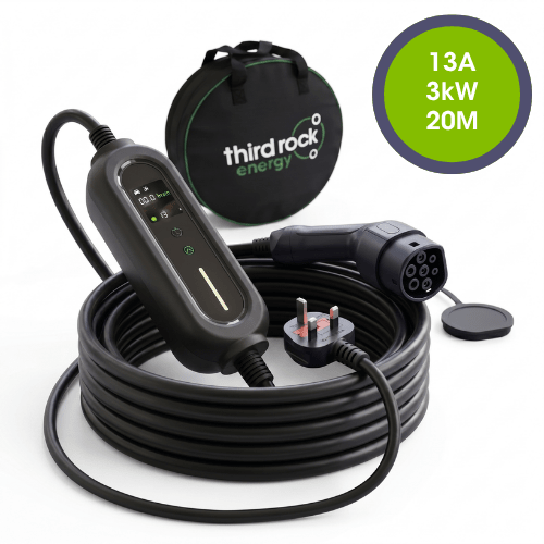 13A Portable EV Charger (3kW) – Type 2 – UK 3‑Pin Plug – 20 Metre Cable – Electric Vehicle Portable Chargers – Third Rock Energy