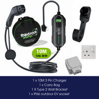 Type 2 - 13 Amp 10 Metre Portable Charger, 13A Outdoor Socket IP66, Wall Bracket & Carry Bag