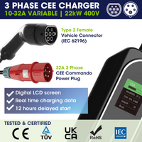 3 Phase EV Portable Charger with Time Delay | Type 2 to 32A CEE | 10A to 32A Variable | 22kW | 5 Metre