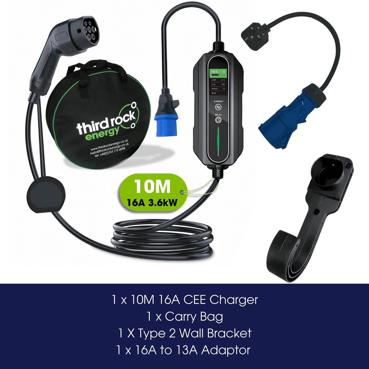 Type 2 - 16A Portable EV charger bundle - 10 Metre with 3 Pin adapter, Wall Bracket & carry bag