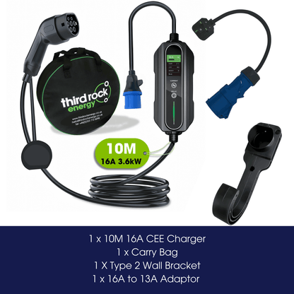 Type 2 - 16A Portable EV charger bundle - 10 Metre with 3 Pin adapter, Wall Bracket & carry bag
