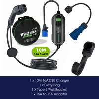 Type 2 - 16A Portable EV charger 10 Metre with 3 Pin adapter and Wall Bracket & Carry Bag