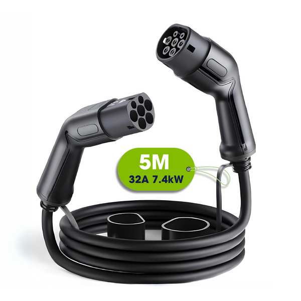 Type 2 to Type 2 EV Charging Cable | Single Phase | 32A | 7.4kW | 5 Metre | Black