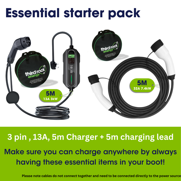 New to EV Starter Pack - 1 x 5M 13A portable charger + 1 x 5M Type 2 to Type 2 single phase cable