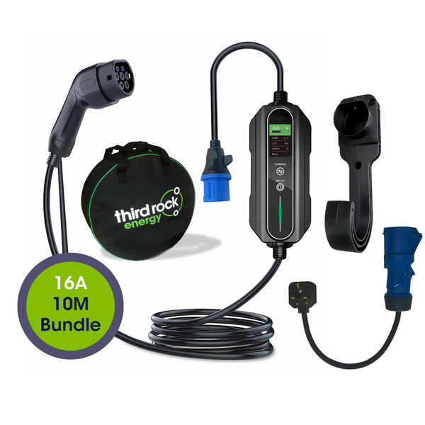 Type 2 - 16A Portable EV charger bundle - 10 Metre with 3 Pin adapter, Wall Bracket & carry bag