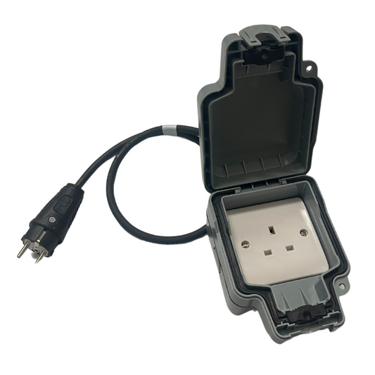 EU 2 pin Schuko Plug to 13A UK plug socket travel adaptor with IP66 weatherproof enclosure