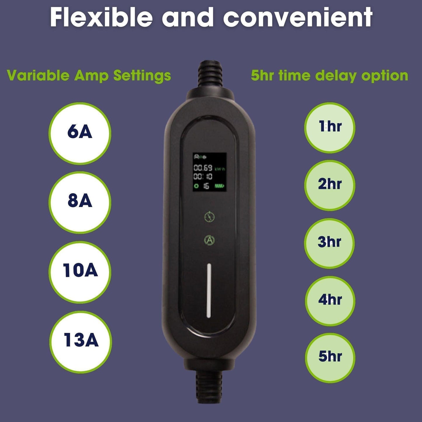 Type 2 Portable EV Charger 6A - 13A Variable, 3kW, 5hr Start Delay, UK 3 Pin Plug, 10 Metre
