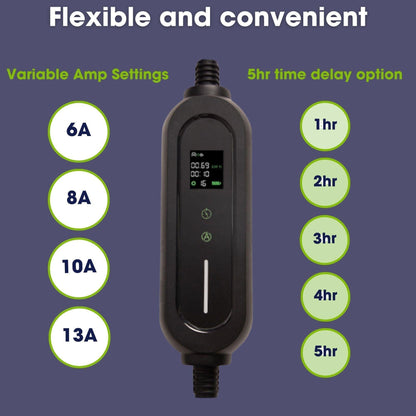 Type 2 Portable EV Charger 6A - 13A Variable, 3kW, 5hr Start Delay, UK 3 Pin Plug, 10 Metre