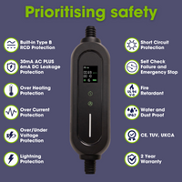 Type 2 Portable EV Charger 6A - 13A Variable, 3kW, 5hr Start Delay, UK 3 Pin Plug, 5 Metre