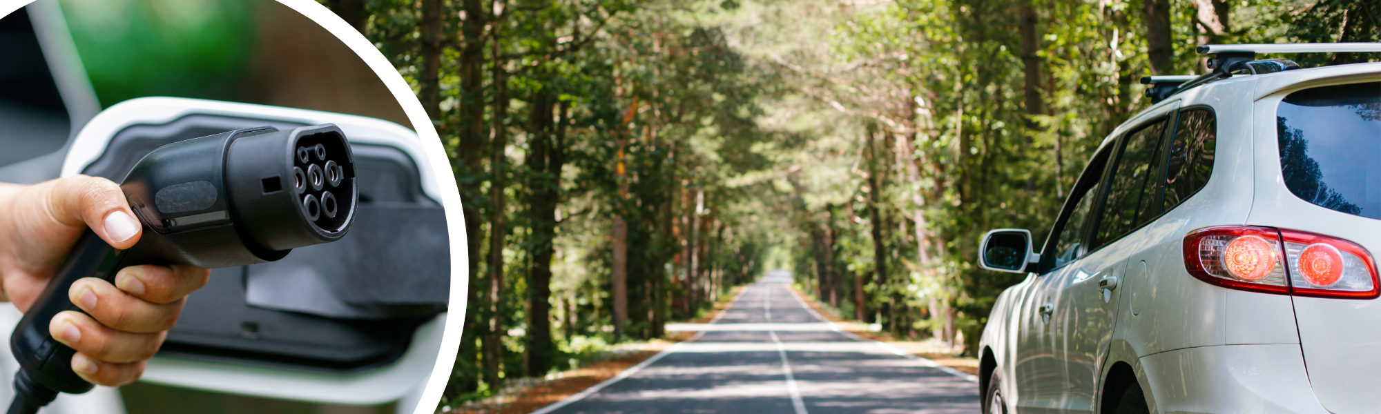 Electric vehicle charging cable with a car on a road surrounded by trees
