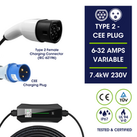 Type 2 to Commando Plug | EV Portable Charger with 8 hour Time Delay | 6A to 32A Variable | 7.4kW | 5 Metre