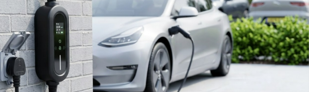 Electric vehicle charging station and an electric car being charged outdoors.