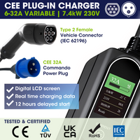 Type 2 to Commando Plug | EV Portable Charger with 12 hour Time Delay | 6A to 32A Variable | 7.4kW | 10 Metre