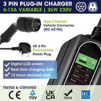 PACK OF 5 x Type 2 EV Portable Charger 6A - 13A Variable, 3kW, 10 Metre, UK 3 Pin Plug