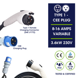 Type 1 to Commando Plug | EV Portable Charger | 8A to16A Variable | 3.6kW | 5 Metre