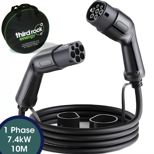 Electric vehicle charging cable with connectors on a white background. Single phase 10 metres