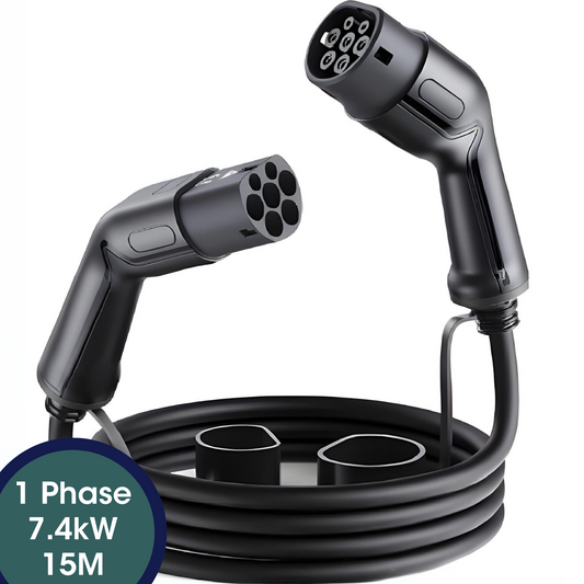 Electric vehicle charging cable with connectors on a white background. Single phase 15 metres