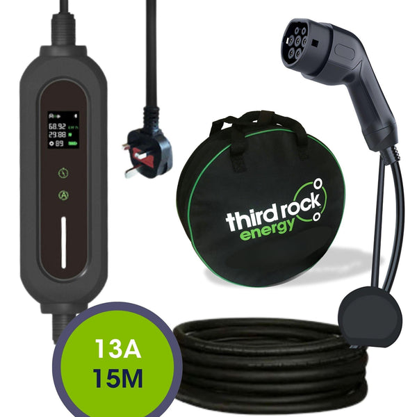 Type 2 Portable EV Charger 6A - 13A Variable, 3kW, 5hr Start Delay, UK 3 Pin Plug, 15 Metre