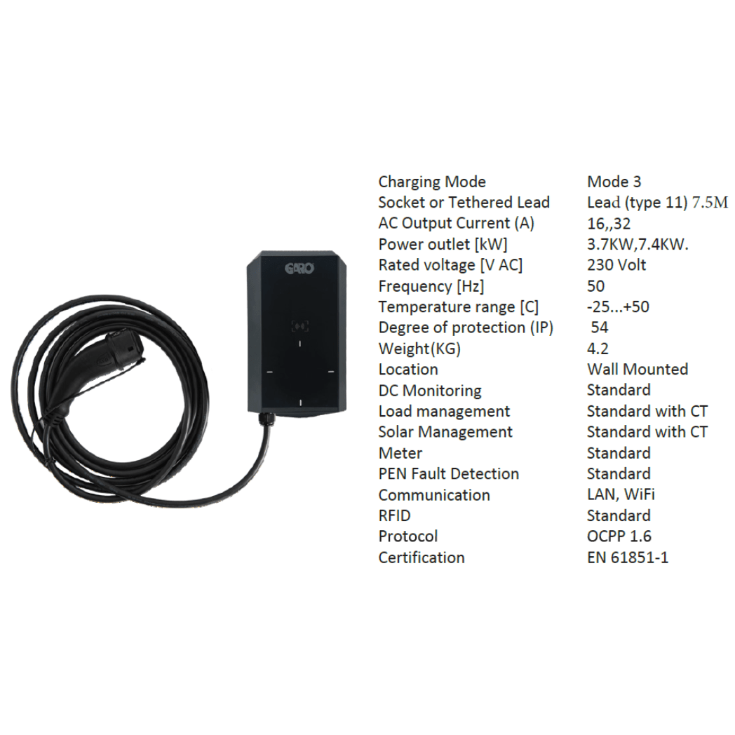 Garo GEV 7.4L Home EV Charging Unit 7.4kW Tethered 7.5m Cable - Third Rock Energy