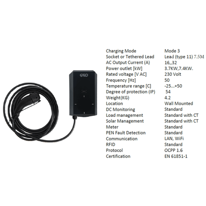 Garo GEV 7.4L Home EV Charging Unit 7.4kW Tethered 7.5m Cable - Third Rock Energy