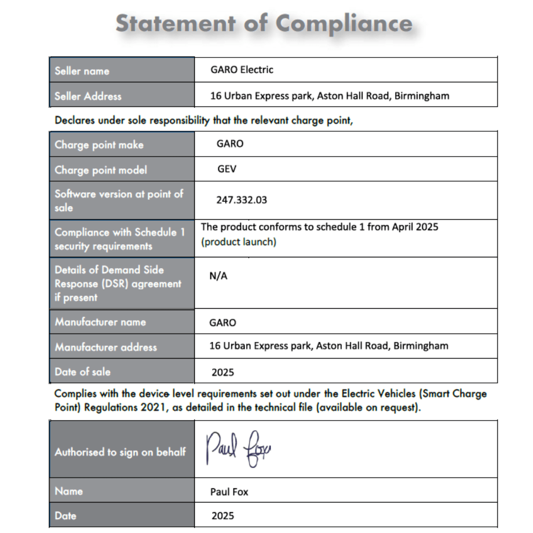 Garo GEV 7.4L Home EV Charging Unit 7.4kW Tethered 7.5m Cable - Third Rock Energy