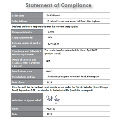 Garo GEV 7.4L Home EV Charging Unit 7.4kW Tethered 7.5m Cable - Third Rock Energy