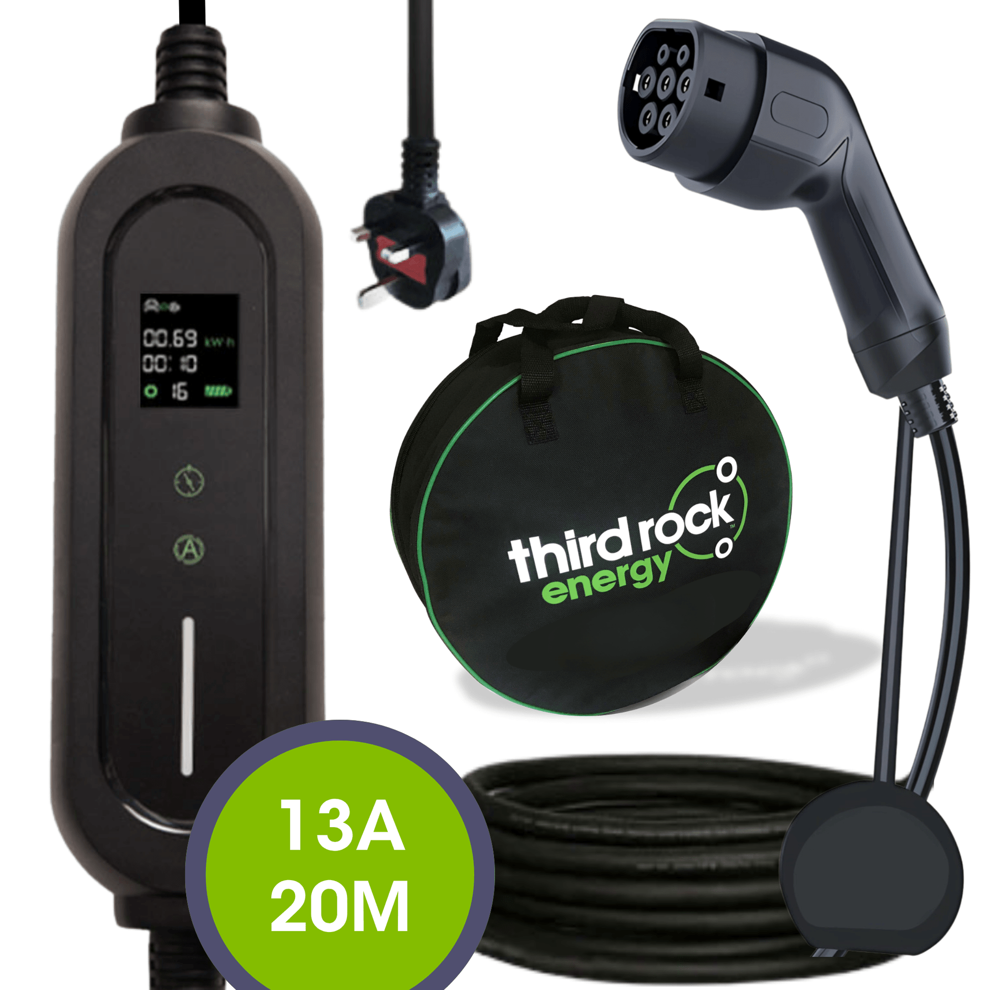 NEW 13A Portable EV Charger (3kW) – Type 2 – UK 3‑Pin Plug – 20 Metre Cable – Electric Vehicle Portable Chargers – Third Rock Energy