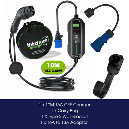Type 2 - 16A Portable EV charger bundle - 10 Metre with 3 Pin adapter, Wall Bracket & carry bag - Third Rock Energy