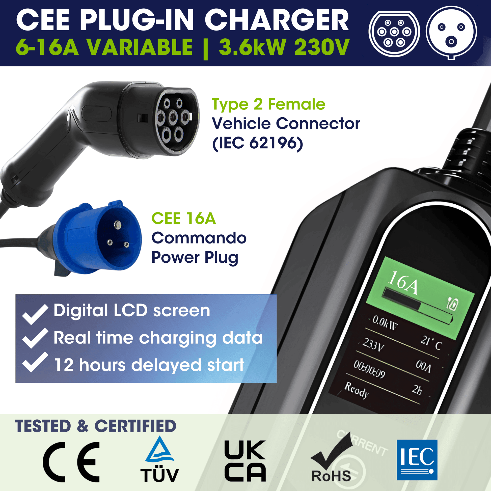 Type 2 to 16A Commando Plug, Portable EV Charger, 6A - 16A Variable, 3.6kW, 5 Metre - Third Rock Energy